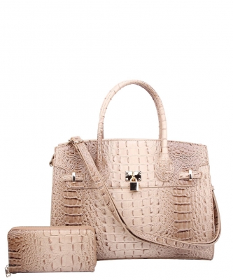2in1 Fashion Croco Skin Satchel Wallet Set AC1096W STONE